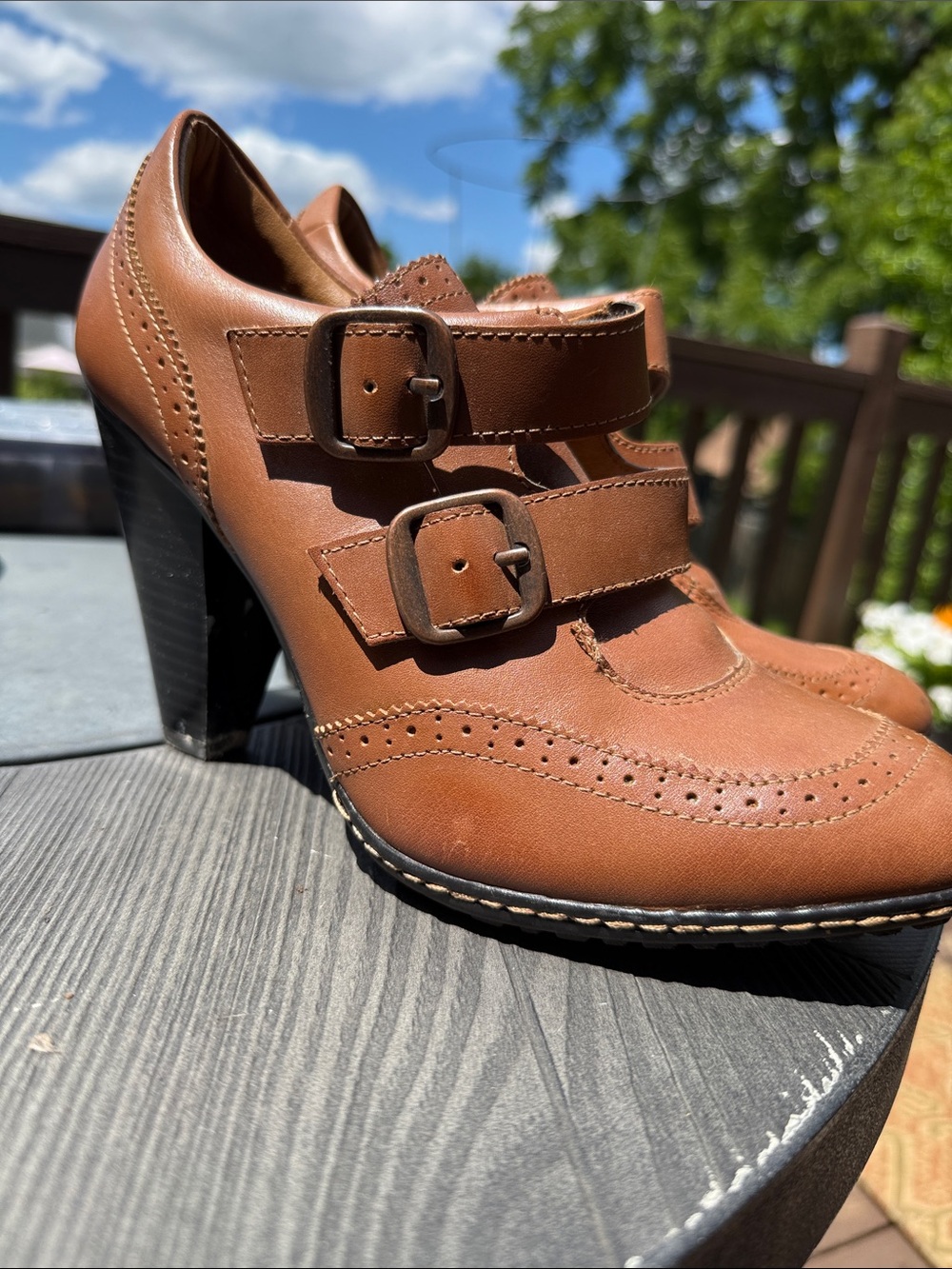 Women's Tan Leather Mary Jane Heels with Double Buckle Straps